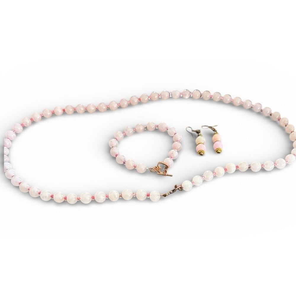 Hand-Knotted Light Pink Quartz Bead Necklace 30” Bracelet Dangle Earrings